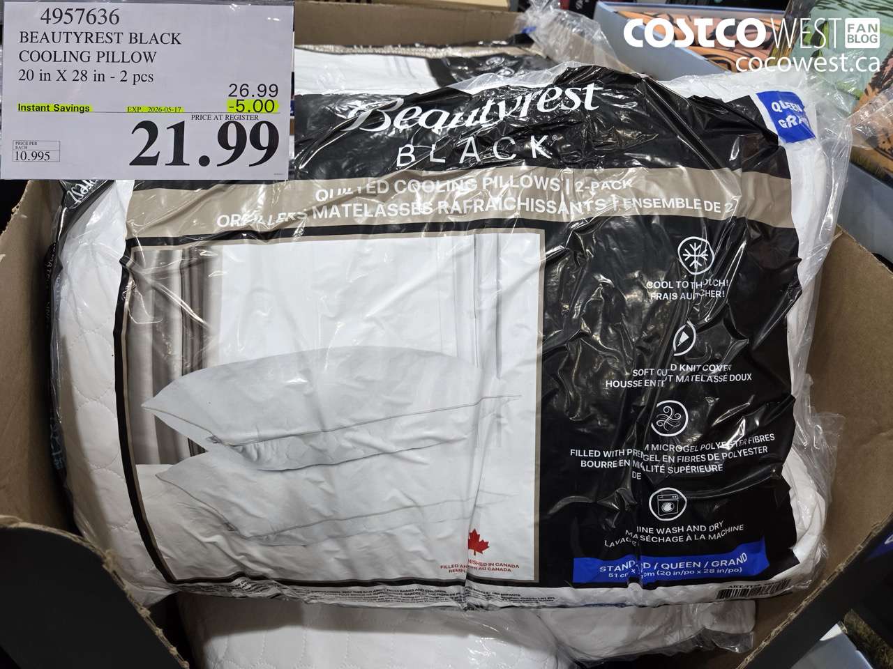 4957636 BEAUTYREST BLACK COOLING PILLOW 20 IN X 28 IN - 2 PCS ($5.00 INSTANT SAVINGS EXPIRES ON 2026-05-17) $21.99