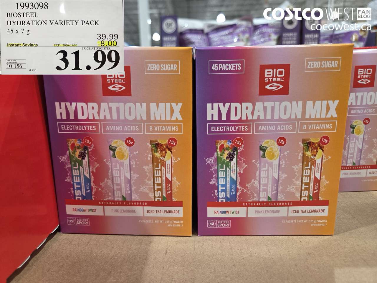1993098 BIOSTEEL HYDRATION VARIETY PACK 45 X 7 G ($8.00 INSTANT SAVINGS EXPIRES ON 2026-05-10) $31.99