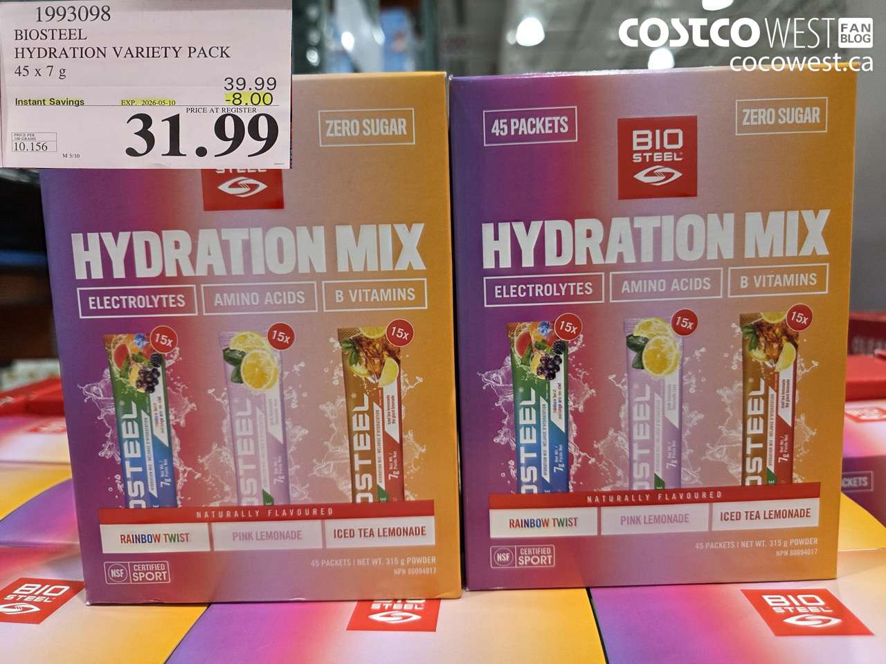 1993098 BIOSTEEL HYDRATION VARIETY PACK 45 X 7 G ($8.00 INSTANT SAVINGS EXPIRES ON 2026-05-10) $31.99