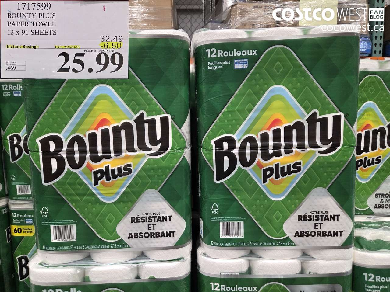 1717599 BOUNTY PLUS PAPER TOWEL 12 X 91 SHEETS ($6.50 INSTANT SAVINGS EXPIRES ON 2026-05-10) $25.99