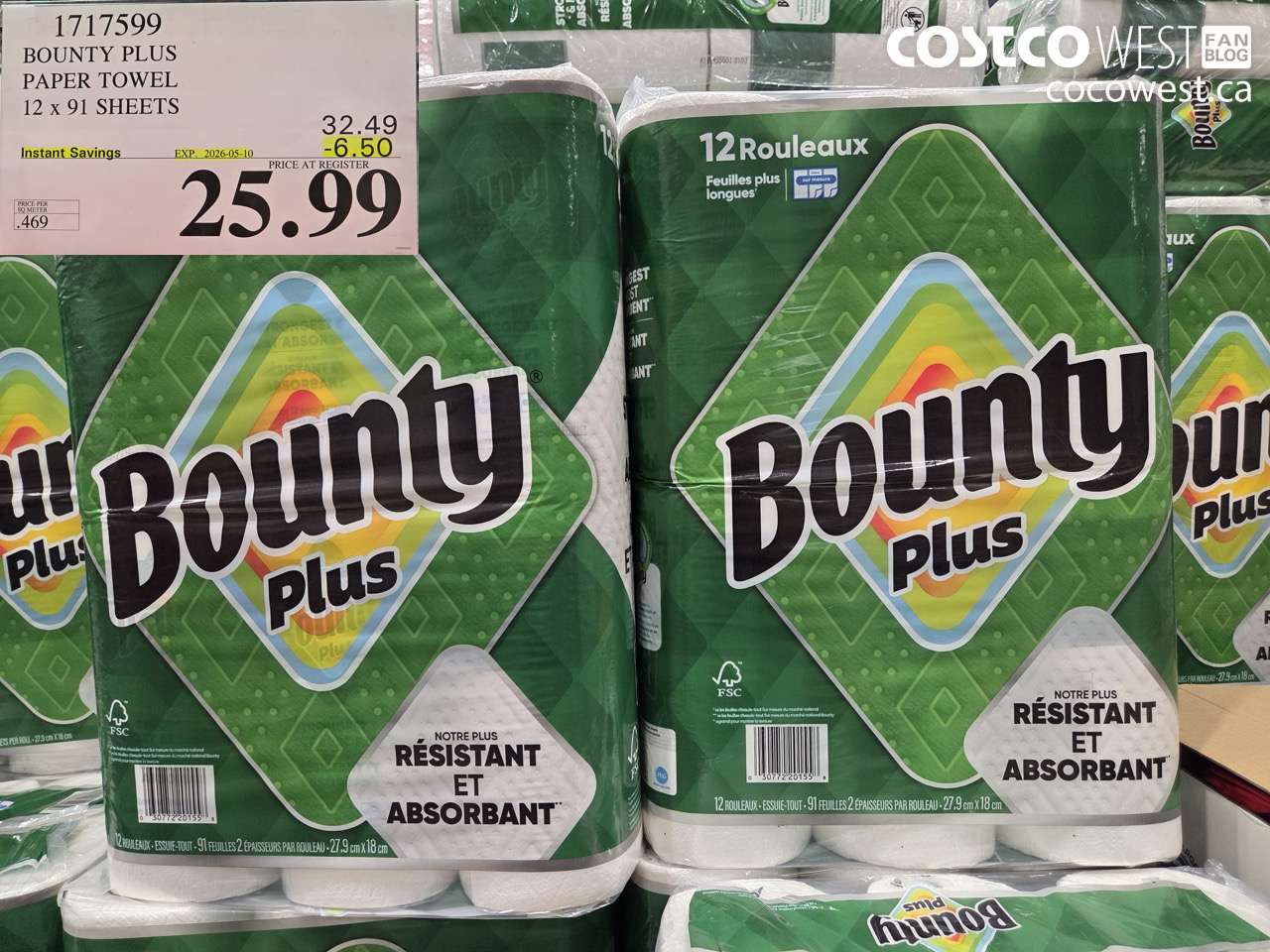 1717599 BOUNTY PLUS PAPER TOWEL 12 X 91 SHEETS ($6.50 INSTANT SAVINGS EXPIRES ON 2026-05-10) $25.99