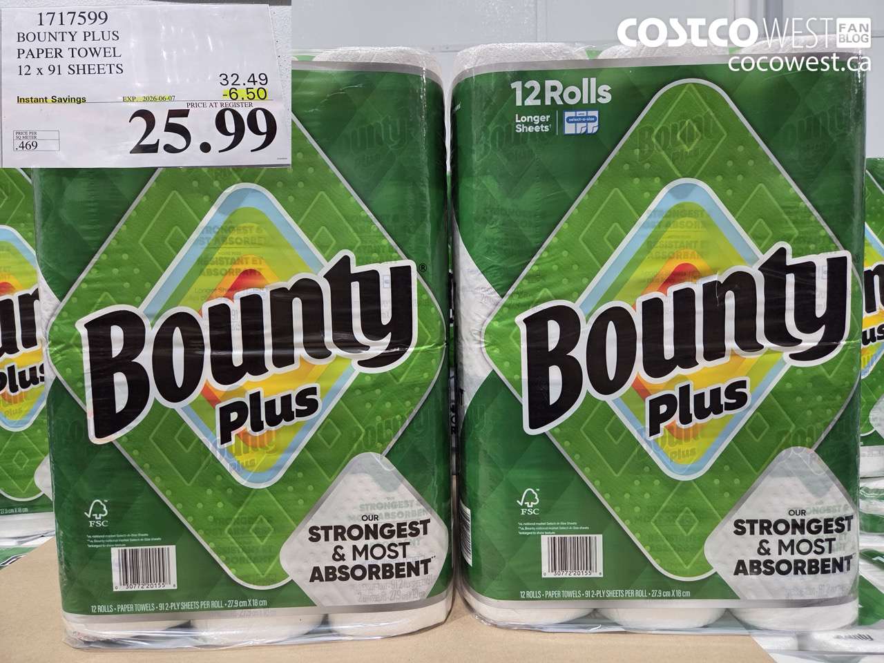 1717599 BOUNTY PLUS PAPER TOWEL 12 X 91 SHEETS ($6.50 INSTANT SAVINGS EXPIRES ON 2026-06-07) $25.99