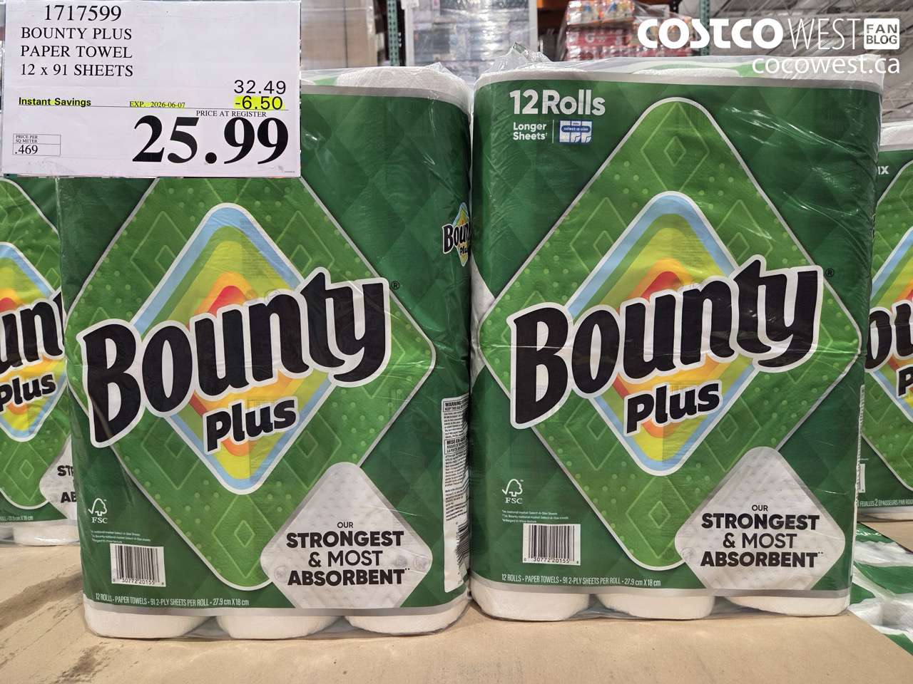 1717599 BOUNTY PLUS PAPER TOWEL 12 X 91 SHEETS ($6.50 INSTANT SAVINGS EXPIRES ON 2026-06-07) $25.99