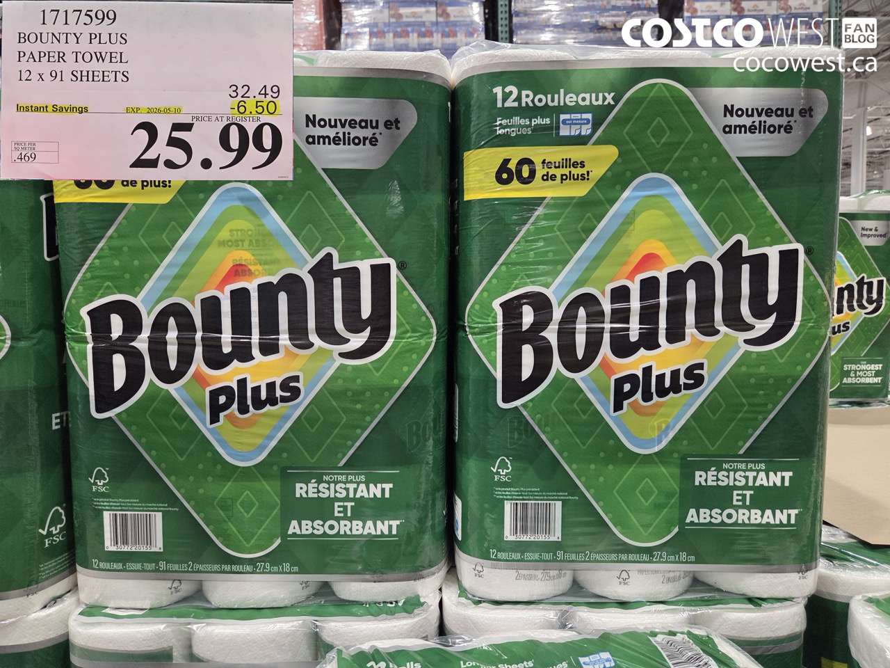 1717599 BOUNTY PLUS PAPER TOWEL 12 X 9 SHEETS ($6.50 INSTANT SAVINGS EXPIRES ON 2026-05-10) $25.99