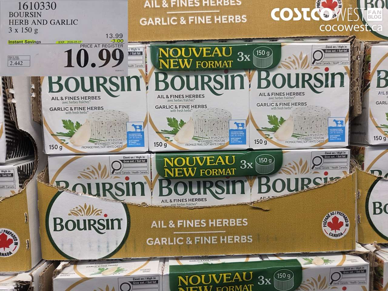 1610330 BOURSIN HERB AND GARLIC 3 X 150 G ($3.00 INSTANT SAVINGS EXPIRES ON 2026-05-17) $10.99