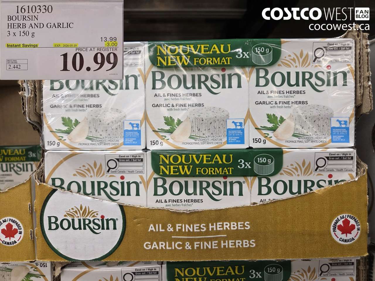 1610330 BOURSIN HERB AND GARLIC 3 X 150 G ($3.00 INSTANT SAVINGS EXPIRES ON 2026-05-19) $10.99