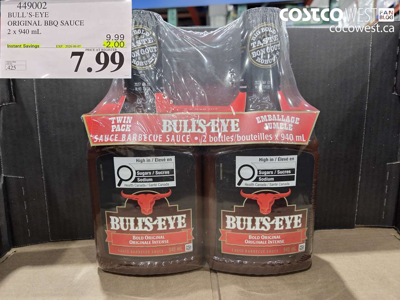 449002 BULL'S-EYE ORIGINAL BBQ SAUCE 2 X 940 ML ($2.00 INSTANT SAVINGS EXPIRES ON 2026-06-07) $7.99