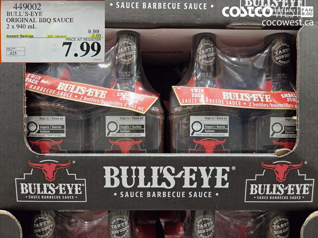 449002 BULL'S-EYE ORIGINAL BBQ SAUCE 2 X 940 ML ($2.00 INSTANT SAVINGS EXPIRES ON 2026-06-07) $7.99