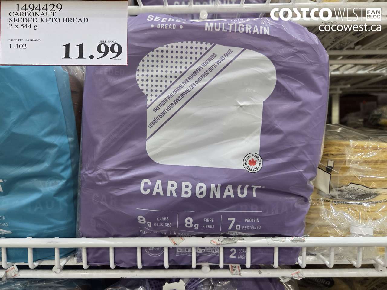 1494429 CARBONAUT SEEDED KETO BREAD 2 X 544 G $11.99
