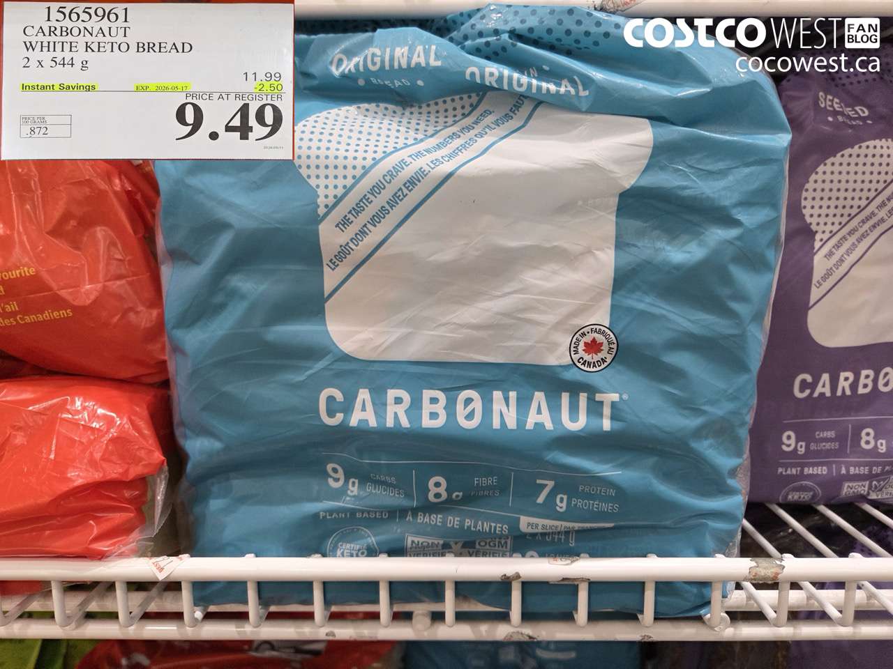 1565961 CARBONAUT WHITE KETO BREAD 2 X 544 G ($2.50 INSTANT SAVINGS EXPIRES ON 2026-05-17) $9.49