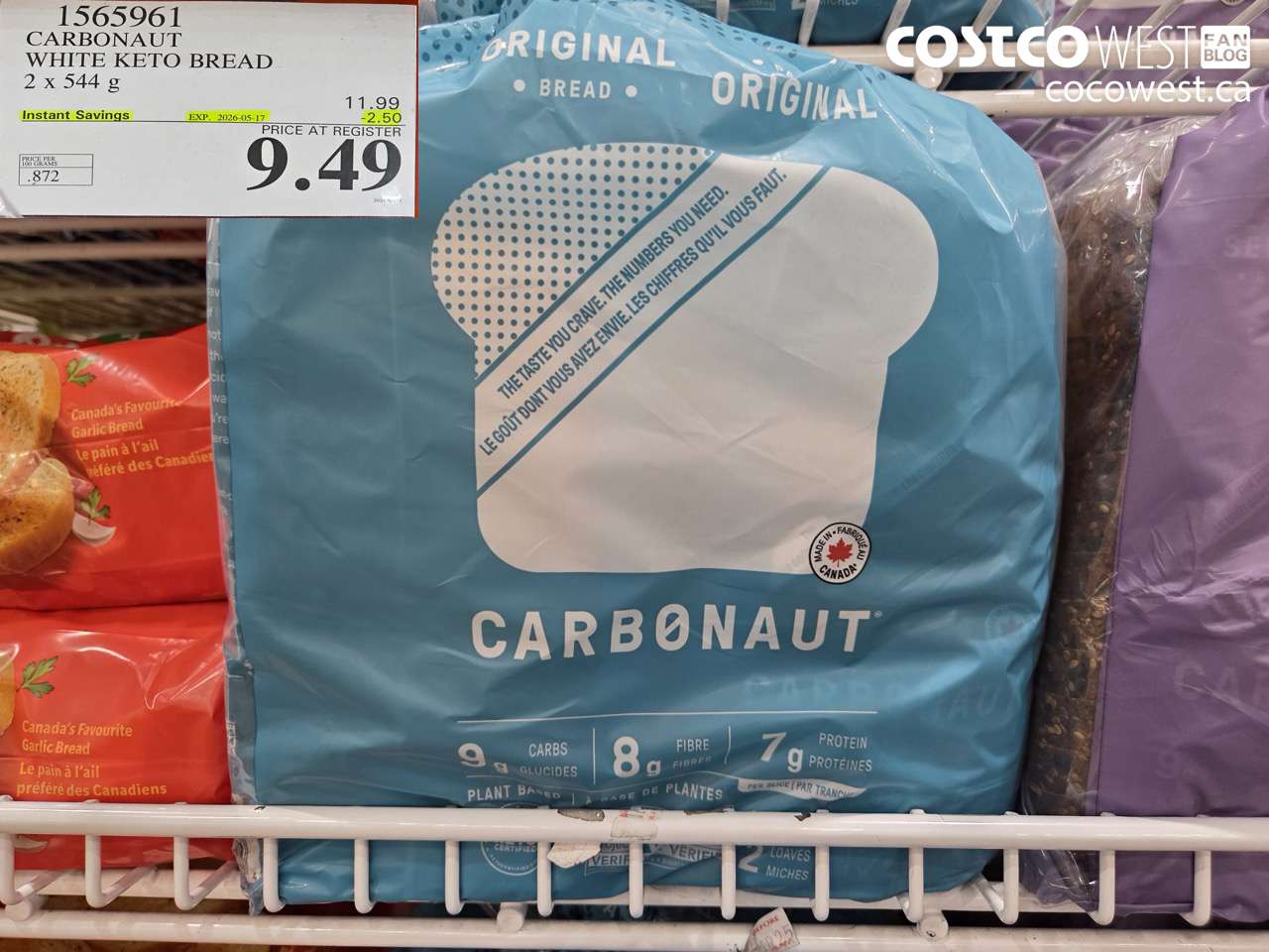 1565961 CARBONAUT WHITE KETO BREAD 2 X 544 G ($2.50 INSTANT SAVINGS EXPIRES ON 2026-05-17) $9.49