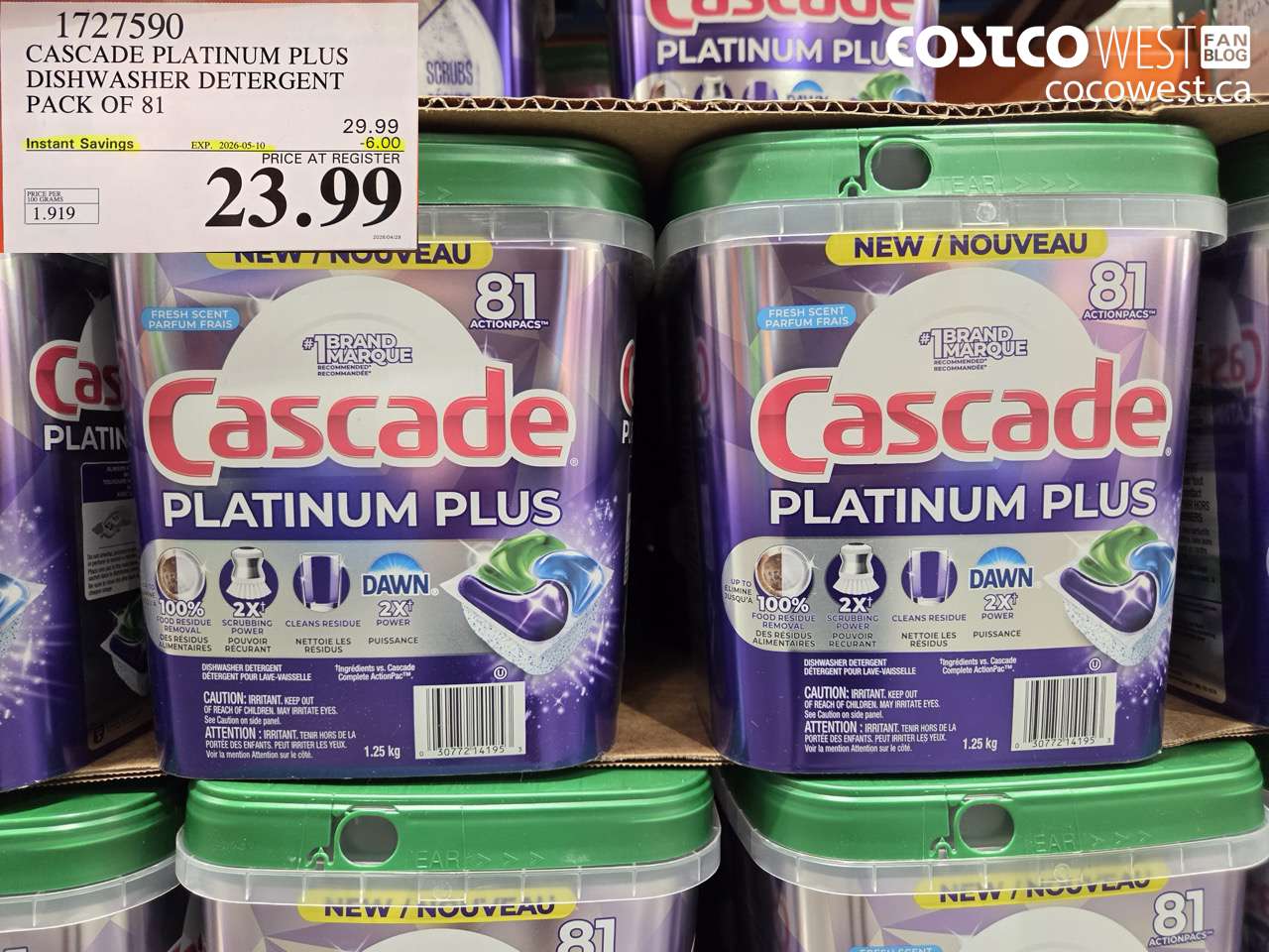 17275090 CASCADE PLATINUM PLUS DISHWASHER DETERGENT PACK OF 81 ($6.00 INSTANT SAVINGS EXPIRES ON 2026-05-10) $23.99