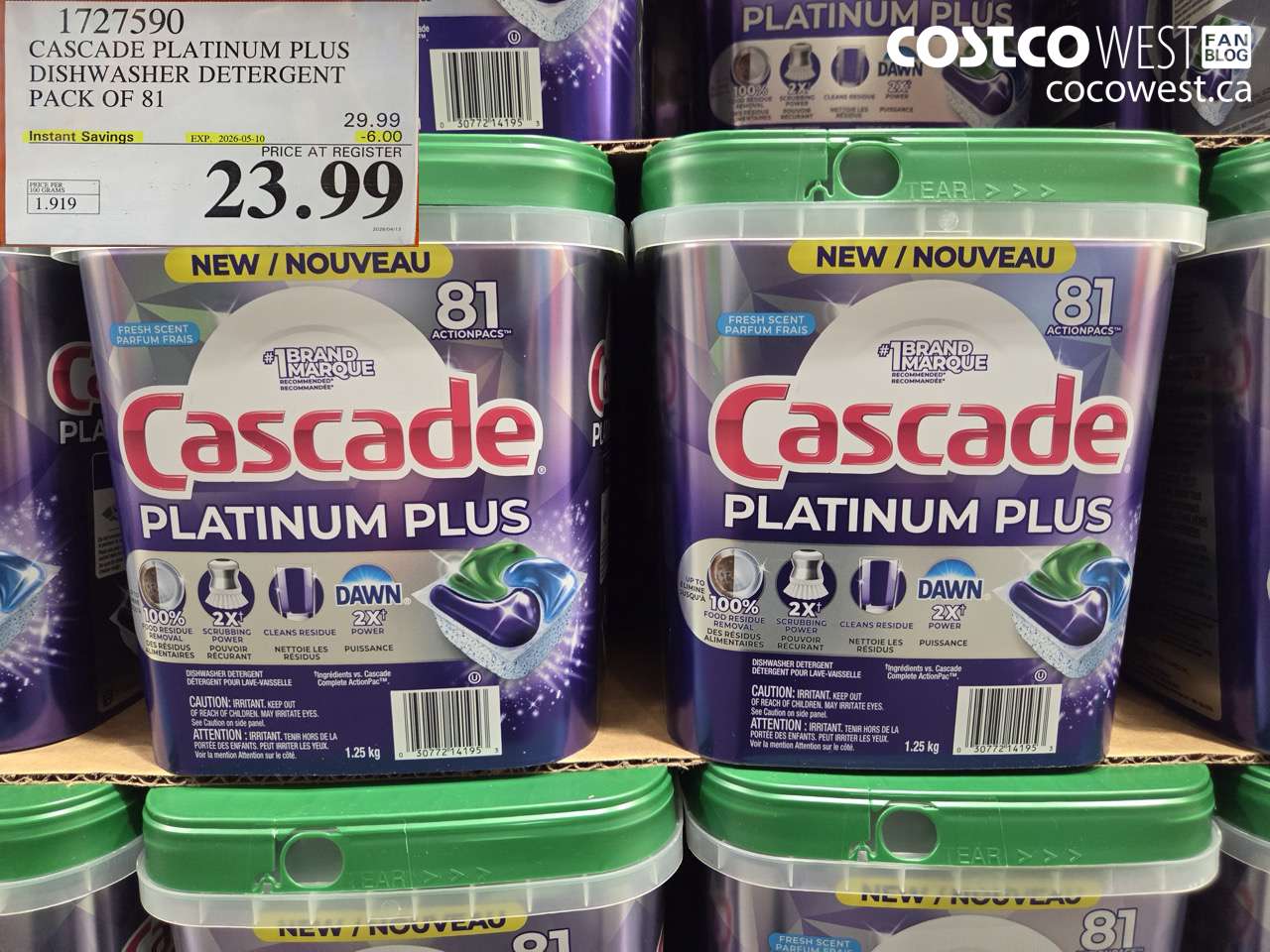 1727590 CASCADE PLATINUM PLUS DISHWASHER DETERGENT PACK OF 81 ($6.00 INSTANT SAVINGS EXPIRES ON 2026-05-10) $23.99