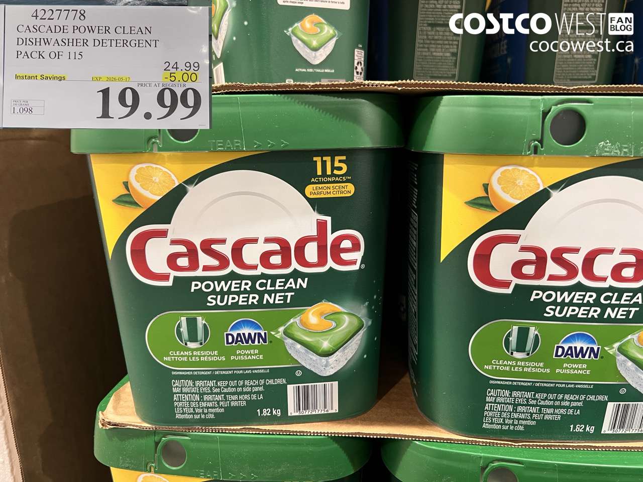 4227778 CASCADE POWER CLEAN DISHWASHER DETERGENT PACK OF 115 ($5.00 INSTANT SAVINGS EXPIRES ON 2026-05-17) $19.99