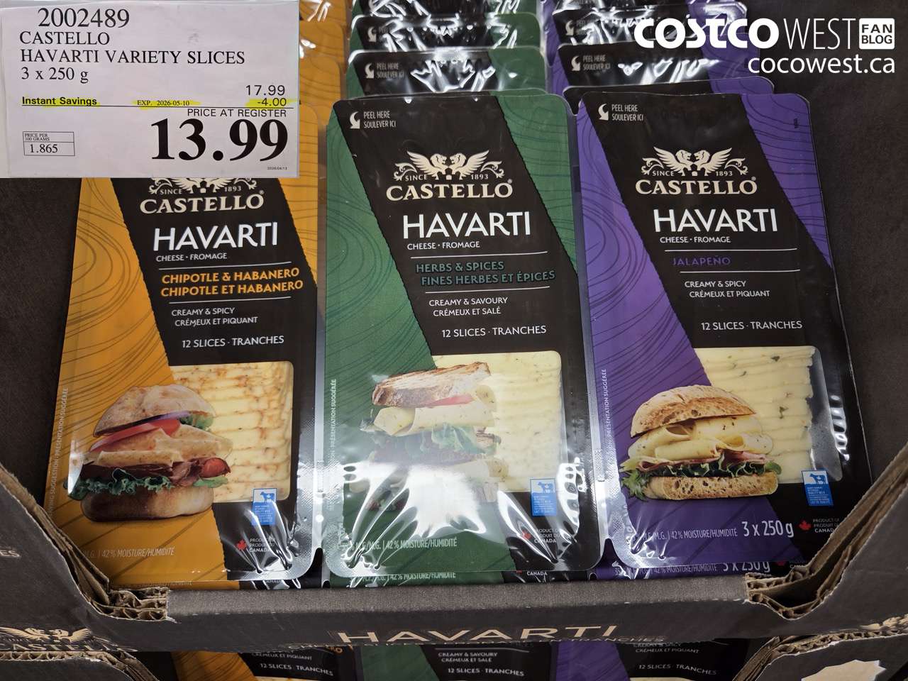 2002489 CASTELLO HAVARTI VARIETY SLICES 3 X 250 G ($4.00 INSTANT SAVINGS EXPIRES ON 2026-05-10) $13.99