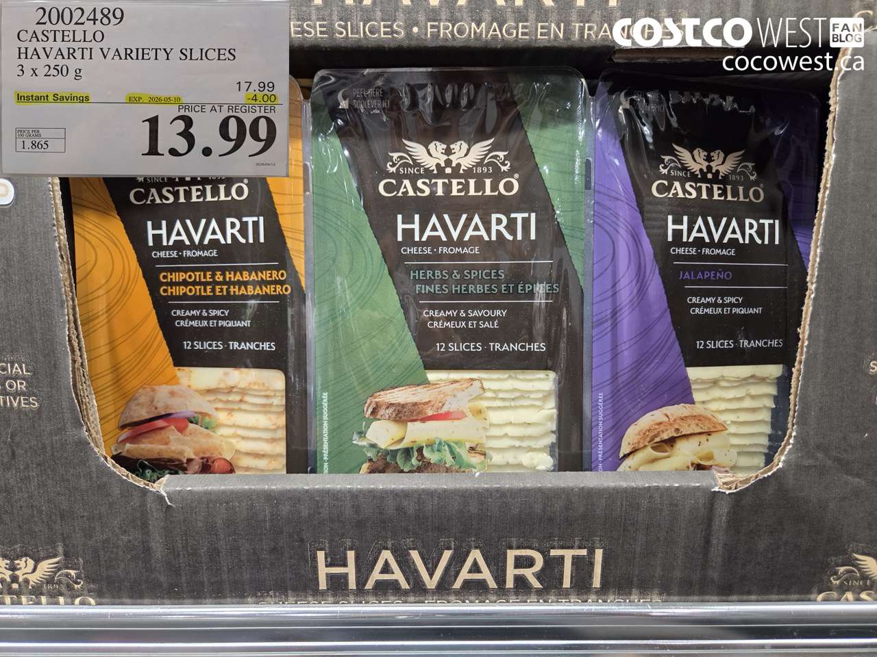 2002489 CASTELLO HAVARTI VARIETY SLICES 3 X 250 G ($4.00 INSTANT SAVINGS EXPIRES ON 2026-05-10) $13.99