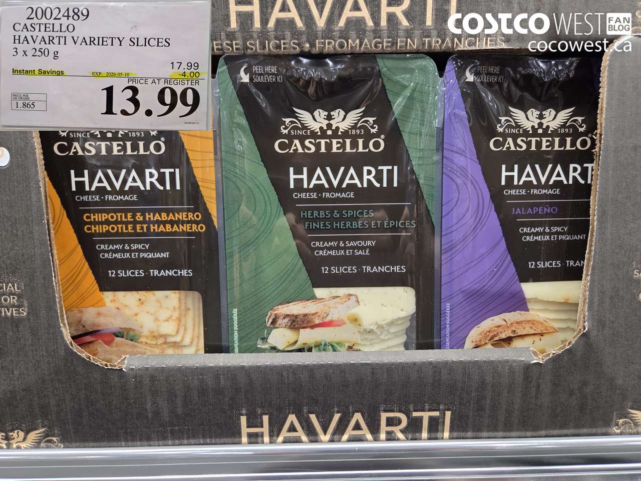 2002489 CASTELLO HAVARTI VARIETY SLICES 3 X 250 G ($4.00 INSTANT SAVINGS EXPIRES ON 2026-05-10) $13.99