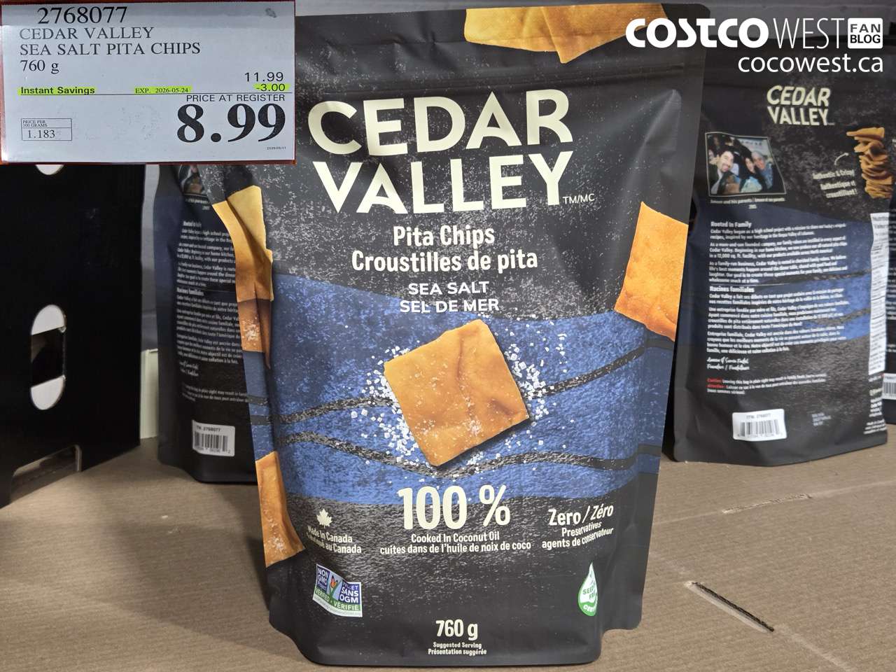 2768077 CEDAR VALLEY SEA SALT PITA CHIPS 760 G ($3.00 INSTANT SAVINGS EXPIRES ON 2026-05-24) $8.99