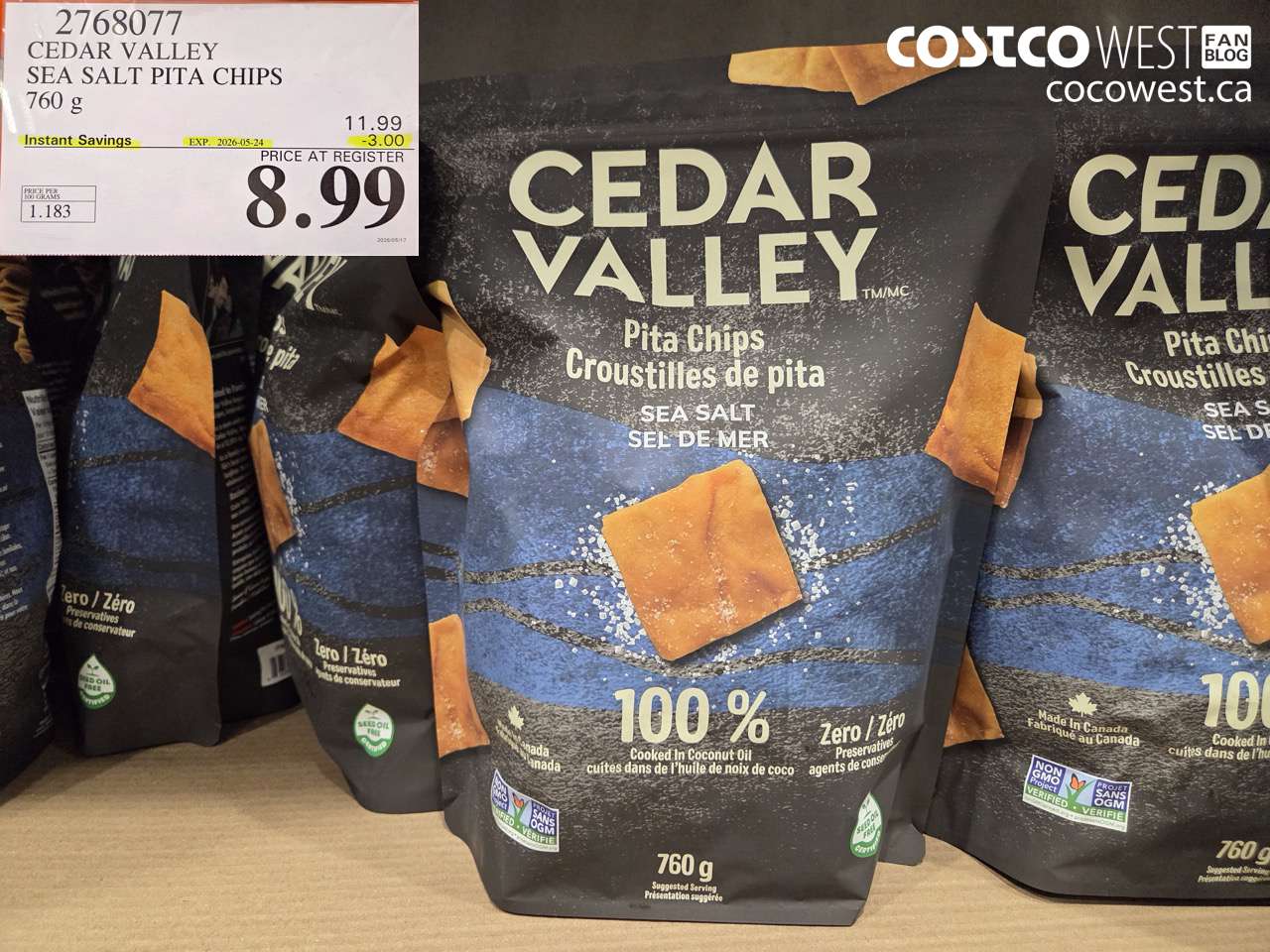 2768077 CEDAR VALLEY SEA SALT PITA CHIPS 760 G ($3.00 INSTANT SAVINGS EXPIRES ON 2026-05-24) $8.99