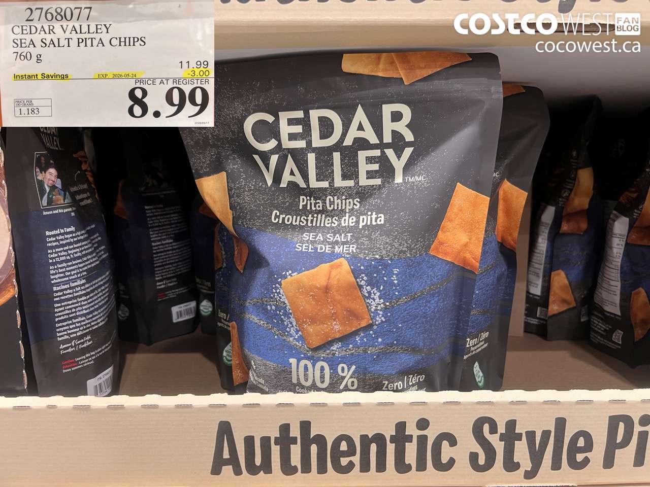 2768077 CEDAR VALLEY SEA SALT PITA CHIPS 760 G ($3.00 INSTANT SAVINGS EXPIRES ON 2026-05-24) $8.99