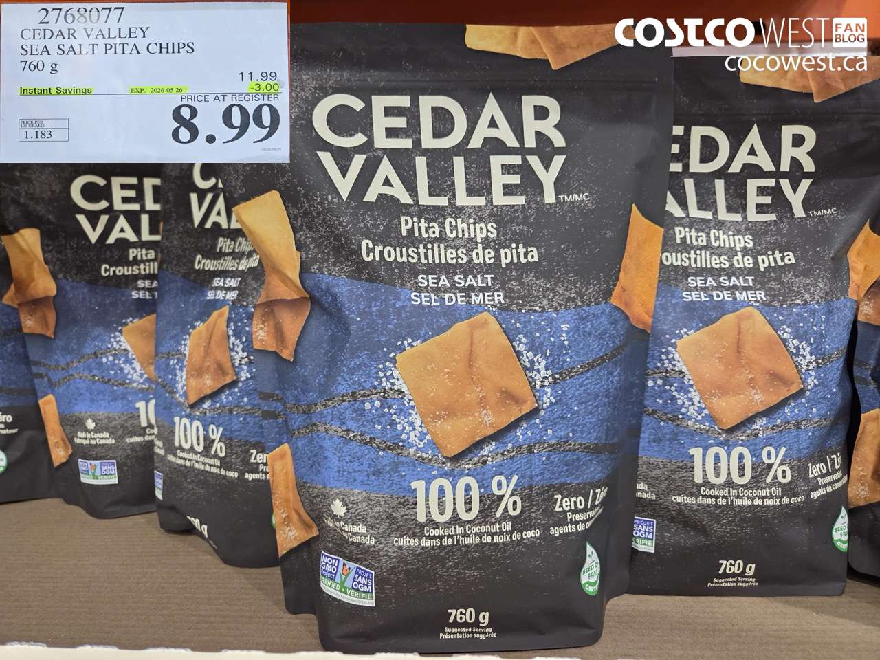 2768077 CEDAR VALLEY SEA SALT PITA CHIPS 760 G ($3.00 INSTANT SAVINGS EXPIRES ON 2026-05-26) $8.99
