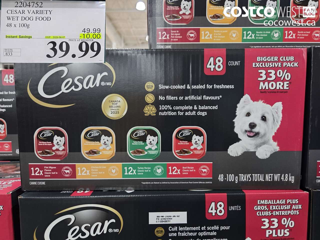 2204752 CESAR VARIETY WET DOG FOOD 48 X 100G ($10.00 INSTANT SAVINGS EXPIRES ON 2026-06-07) $39.99