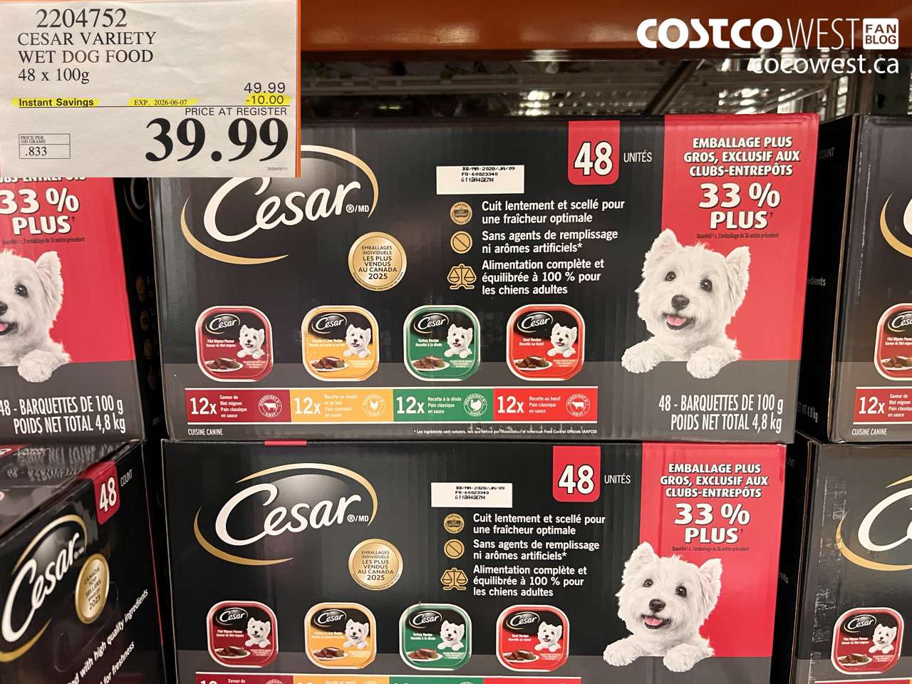 2204752 CESAR VARIETY WET DOG FOOD 48 X 100G ($10.00 INSTANT SAVINGS EXPIRES ON 2026-06-07) $39.99
