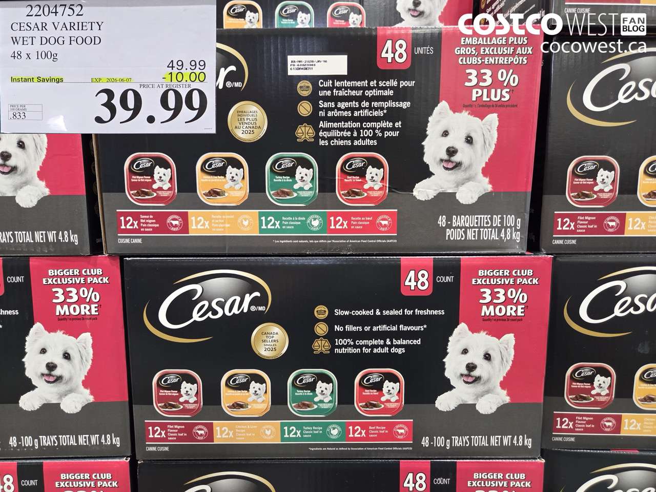 2204752 CESAR VARIETY WET DOG FOOD 48 X 100G ($10.00 INSTANT SAVINGS EXPIRES ON 2026-06-07) $39.99