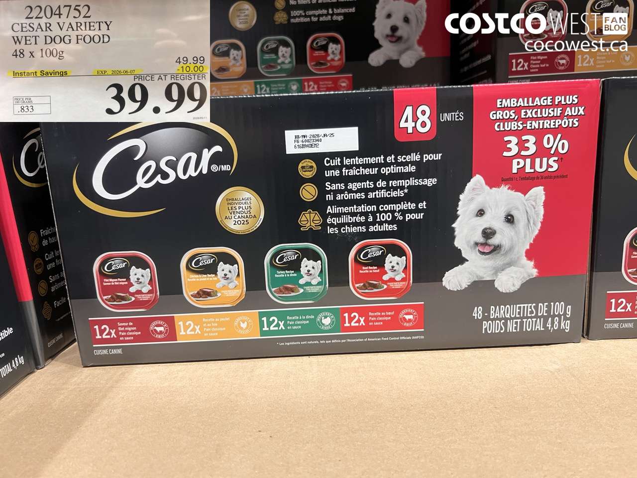 2204752 CESAR VARIETY WET DOG FOOD 48 X 100G ($10.00 INSTANT SAVINGS EXPIRES ON 2026-06-07) $39.99