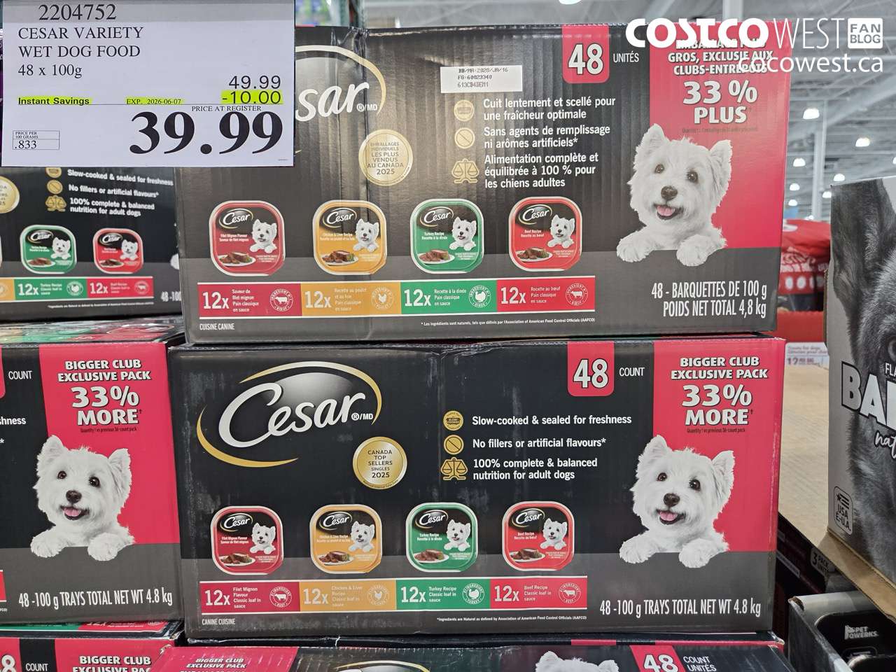 2204752 CESAR VARIETY WET DOG FOOD 48 X 100G ($10.00 INSTANT SAVINGS EXPIRES ON 2026-06-07) $39.99