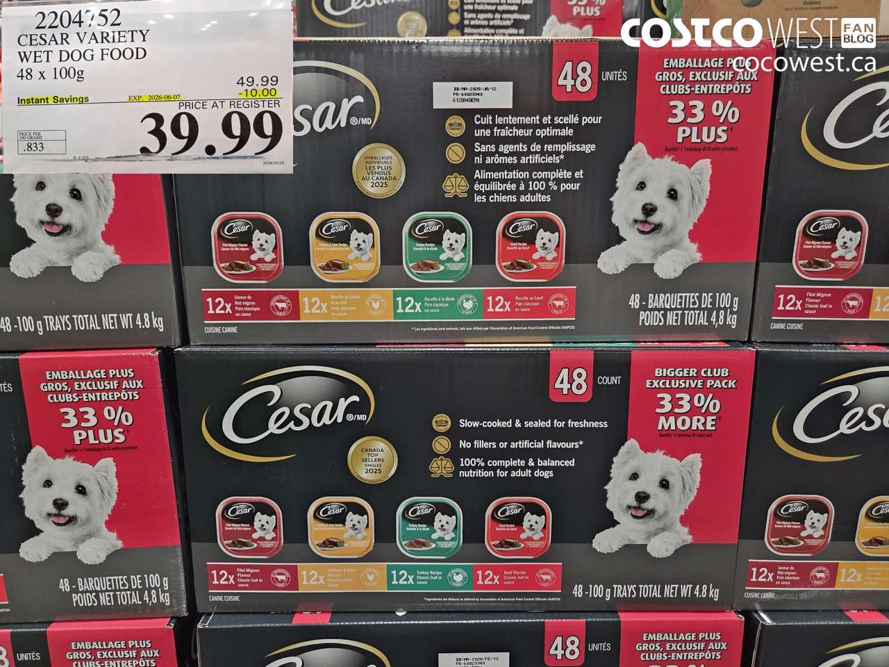 2204752 CESAR VARIETY WET DOG FOOD 48 X 100G ($10.00 INSTANT SAVINGS EXPIRES ON 2026-06-07) $39.99