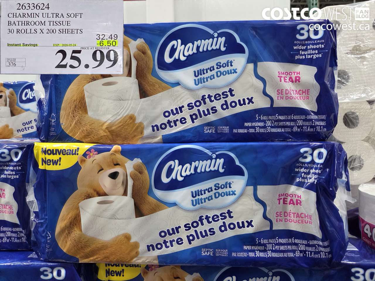 2633624 CHARMIN ULTRA SOFT BATHROOM TISSUE 30 ROLLS X 200 SHEETS ($6.50 INSTANT SAVINGS EXPIRES ON 2026-05-24) $25.99
