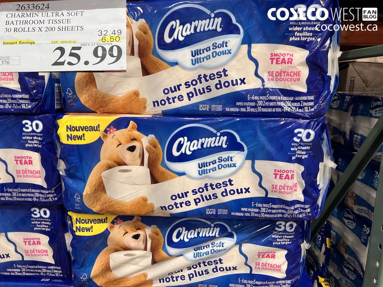 2633624 CHARMIN ULTRA SOFT BATHROOM TISSUE 30 ROLLS X 200 SHEETS ($6.50 INSTANT SAVINGS EXPIRES ON 2026-05-24) $25.99