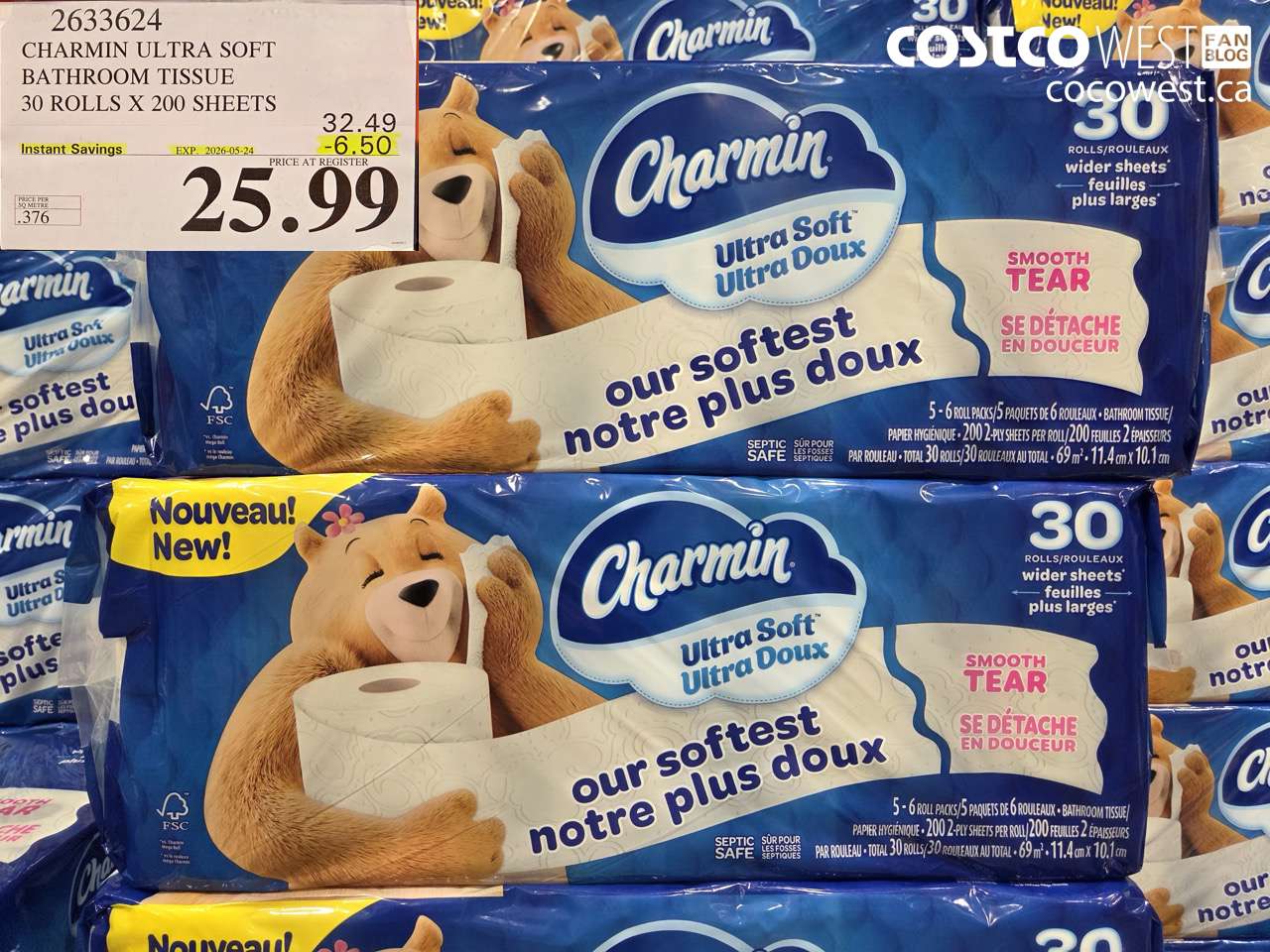 2633624 CHARMIN ULTRA SOFT BATHROOM TISSUE 30 ROLLS X 200 SHEETS ($6.50 INSTANT SAVINGS EXPIRES ON 2026-05-24) $25.99