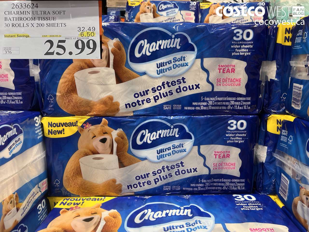 2633624 CHARMIN ULTRA SOFT BATHROOM TISSUE 30 ROLLS X 200 SHEETS ($6.50 INSTANT SAVINGS EXPIRES ON 2026-05-24) $25.99