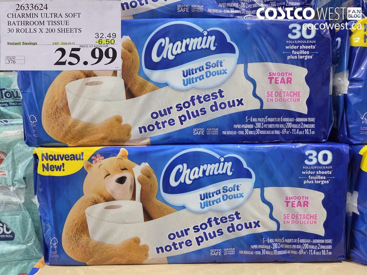 2633624 CHARMIN ULTRA SOFT BATHROOM TISSUE 30 ROLLS X 200 SHEETS ($6.50 INSTANT SAVINGS EXPIRES ON 2026-05-31) $25.99