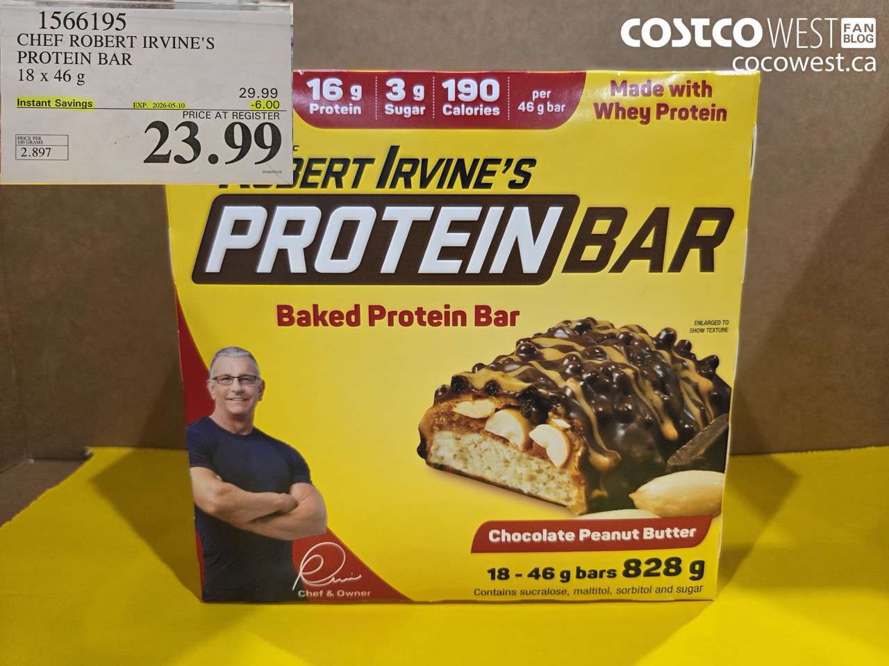 1566195 CHEF ROBERT IRVINE'S PROTEIN BAR 18 X 46 G ($6.00 INSTANT SAVINGS EXPIRES ON 2026-05-10) $23.99
