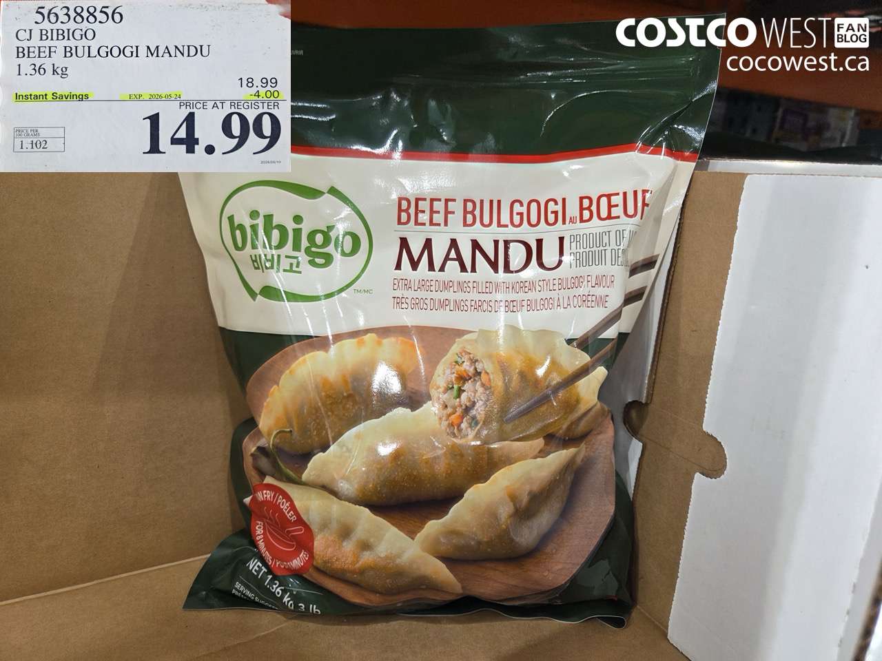 5638856 CJ BIBIGO BEEF BULGOGI MANDU 1.36 KG ($4.00 INSTANT SAVINGS EXPIRES ON 2026-05-24) $14.99