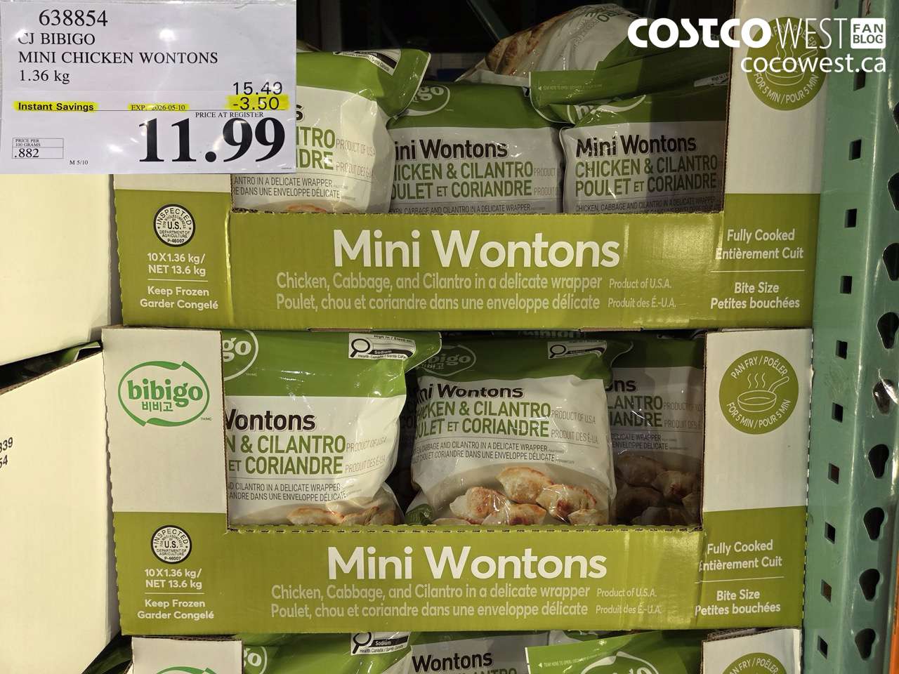 638854 CJ BIBIGO MINI CHICKEN WONTONS 1.36 KG ($3.50 INSTANT SAVINGS EXPIRES ON 2026-05-10) $11.99