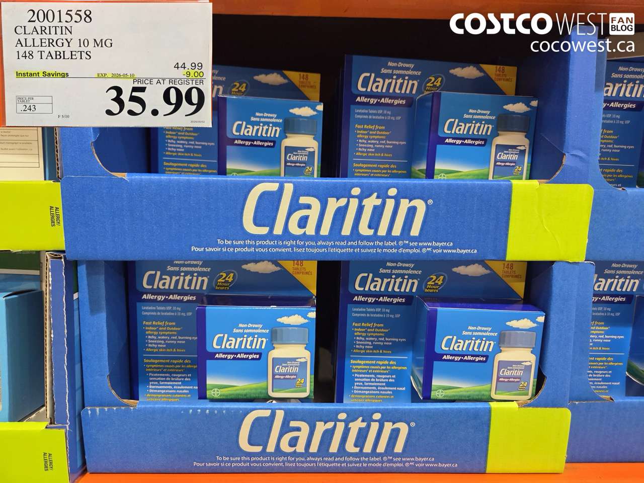 2001558 CLARITIN ALLERGY 10 MG 148 TABLETS ($9.00 INSTANT SAVINGS EXPIRES ON 2026-05-10) $35.99
