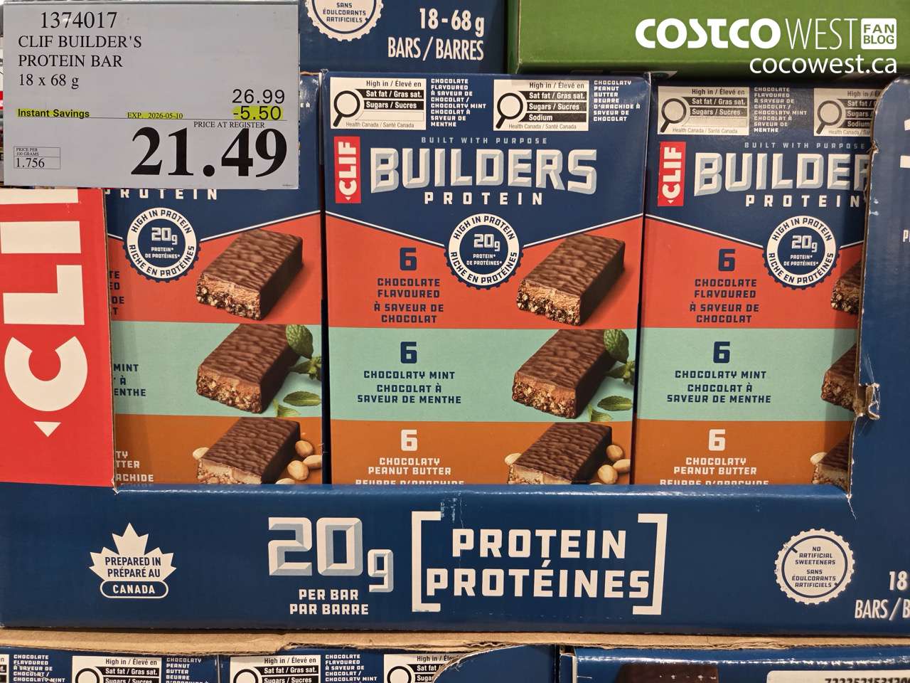 1374017 CLIF BUILDER'S PROTEIN BAR 18 X 68 G ($5.50 INSTANT SAVINGS EXPIRES ON 2026-05-10) $21.49
