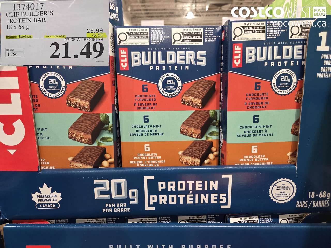 1374017 CLIF BUILDER'S PROTEIN BAR 18 X 68 G ($5.50 INSTANT SAVINGS EXPIRES ON 2026-05-10) $21.49