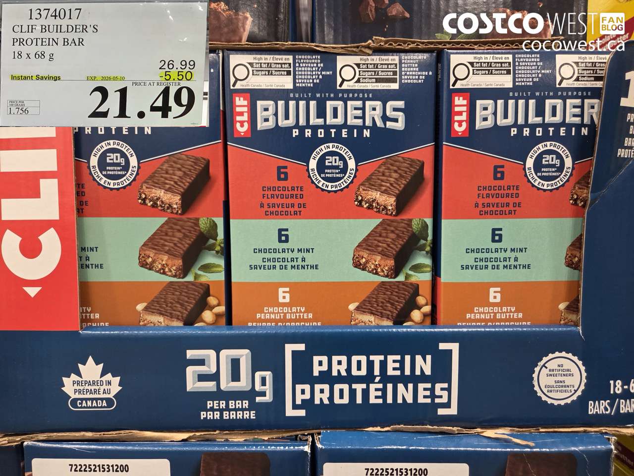 1374017 CLIF BUILDER'S PROTEIN BAR 18 X 68 G ($5.50 INSTANT SAVINGS EXPIRES ON 2026-05-10) $21.49