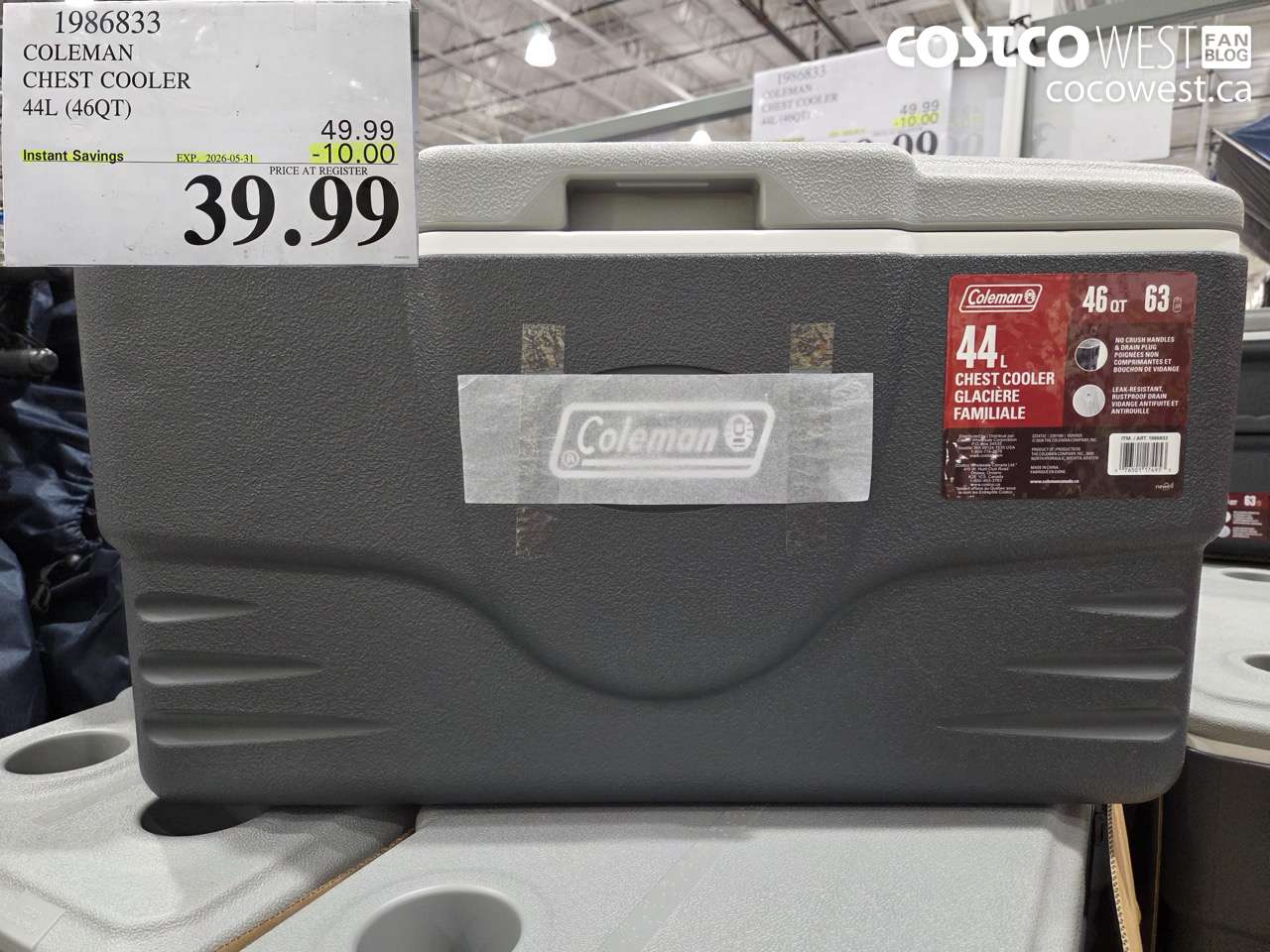 1986833 COLEMAN CHEST COOLER 44L (46QT) ($10.00 INSTANT SAVINGS EXPIRES ON 2026-05-31) $39.99