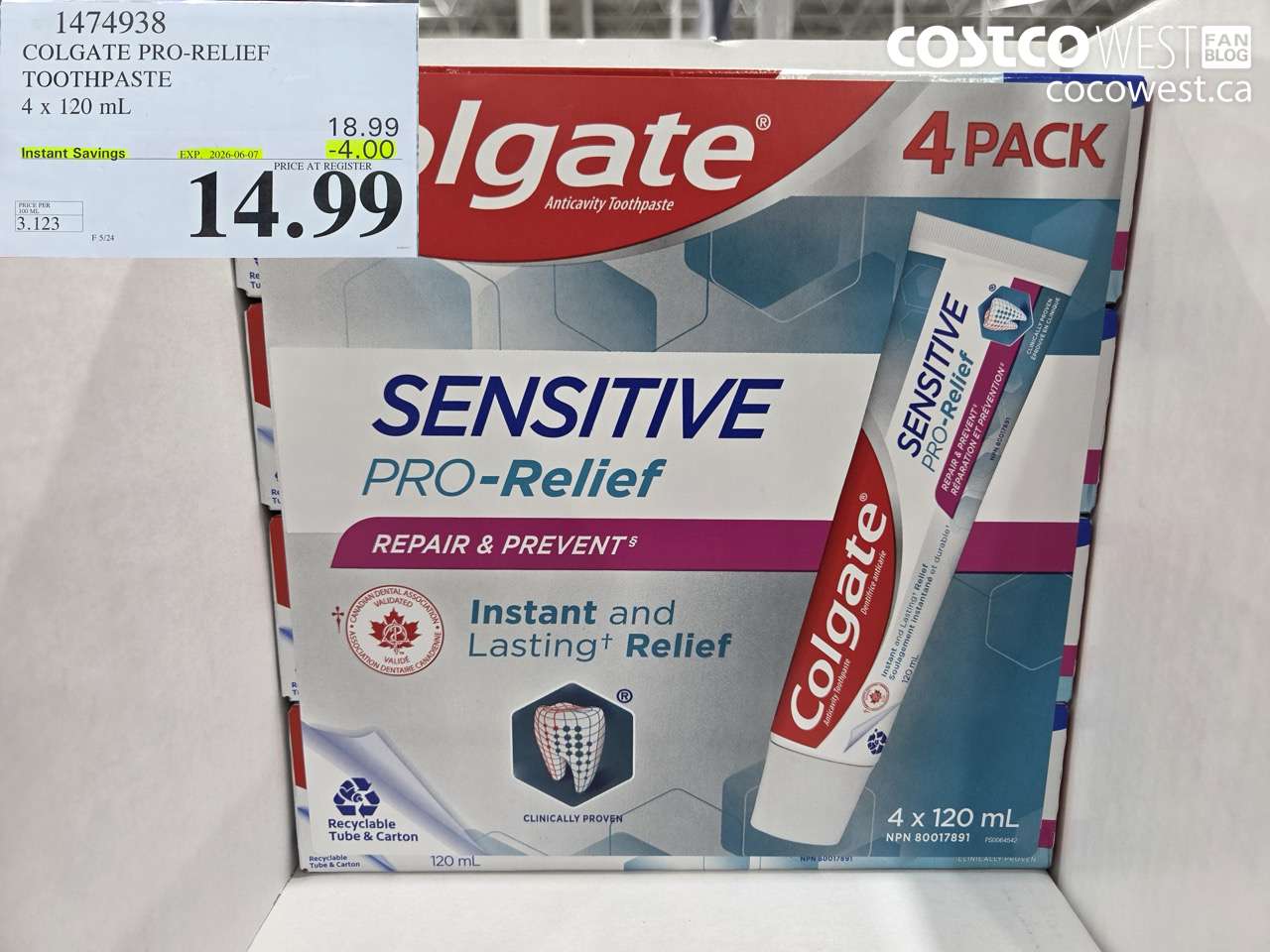 1474938 COLGATE PRO-RELIEF TOOTHPASTE 4 X 120 ML ($4.00 INSTANT SAVINGS EXPIRES ON 2026-06-07) $14.99