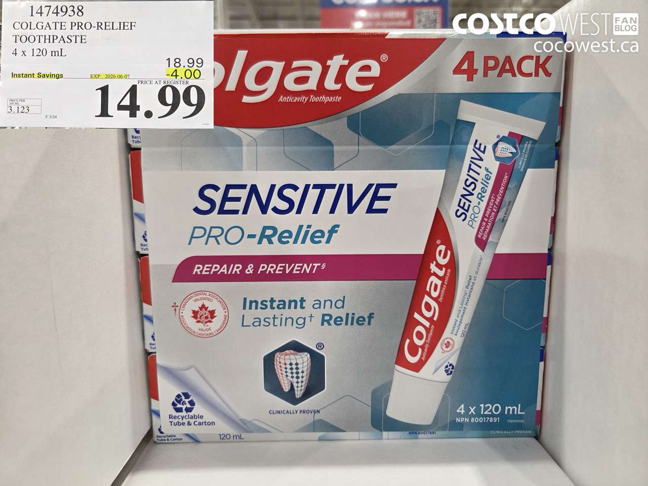 1474938 COLGATE PRO-RELIEF TOOTHPASTE 4 X 120 ML ($4.00 INSTANT SAVINGS EXPIRES ON 2026-06-07) $14.99