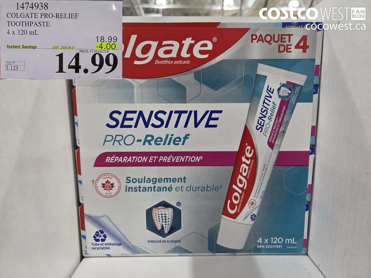 1474938 COLGATE PRO-RELIEF TOOTHPASTE 4 X 120 ML ($4.00 INSTANT SAVINGS EXPIRES ON 2026-06-07) $14.99