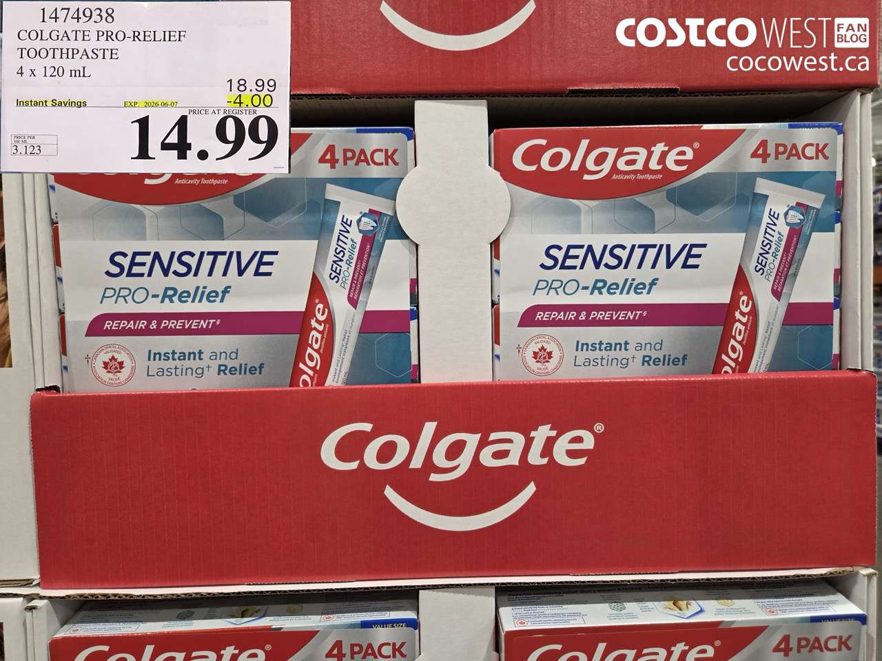 1474938 COLGATE PRO-RELIEF TOOTHPASTE 4 X 120 ML ($4.00 INSTANT SAVINGS EXPIRES ON 2026-06-07) $14.99