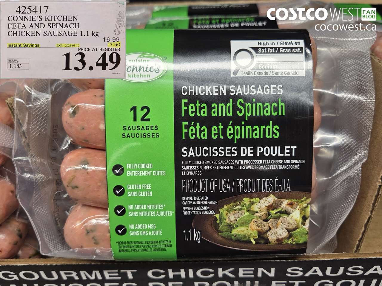 425417 CONNIE'S KITCHEN FETA AND SPINACH CHICKEN SAUSAGE 1.1 KG ($3.50 INSTANT SAVINGS EXPIRES ON 2026-05-10) $13.49