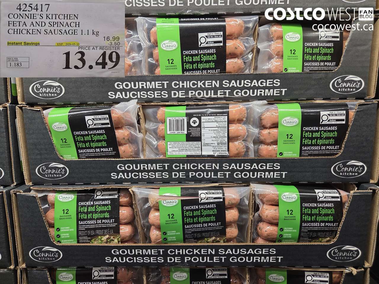 425417 CONNIE'S KITCHEN FETA AND SPINACH CHICKEN SAUSAGE 1.1 KG ($3.50 INSTANT SAVINGS EXPIRES ON 2026-05-10) $13.49